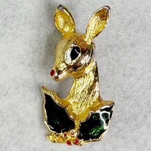 Elegant Gold-tone Christmas Reindeer & Holly Brooch Vintage Gerrys? 60s 70s